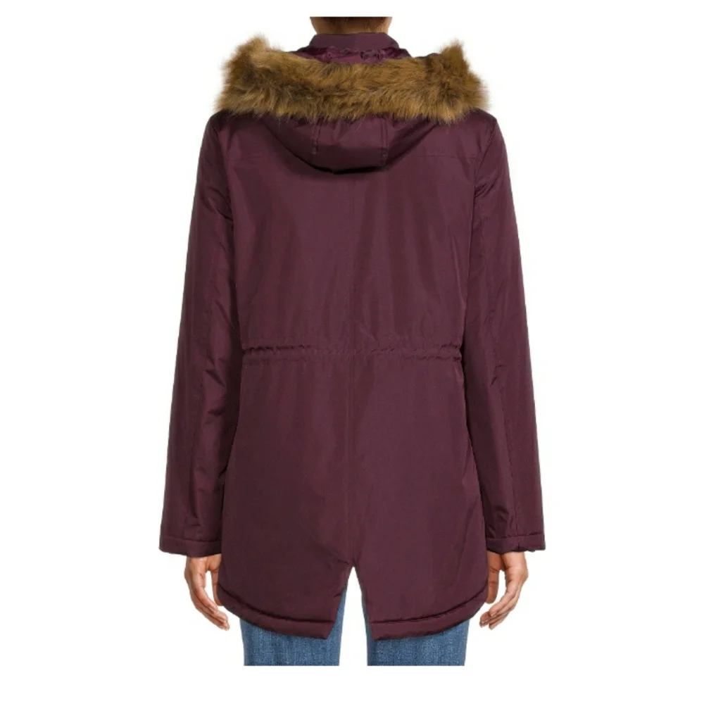 New Faux Fur Trimmed Hood Heavy Coated Anorak Coat.